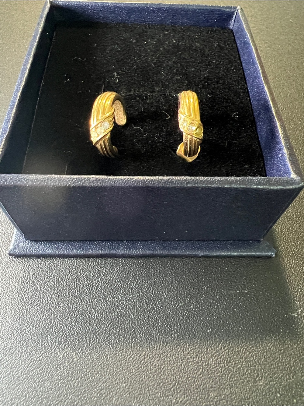 Vintage AvonGold-Tone Ribbed Hoop Earrings with Crystal Accent - Women's Jewelry